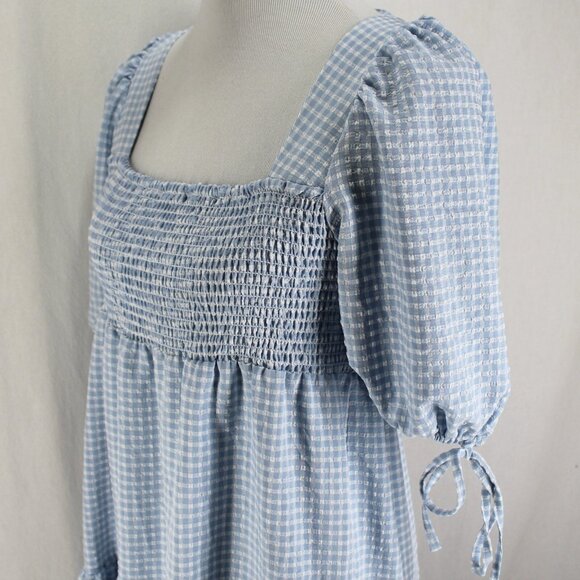 Asos Design Gingham Midi Dress Womens Size 4 Bue White Check Square Neck Smocked - Picture 4 of 7